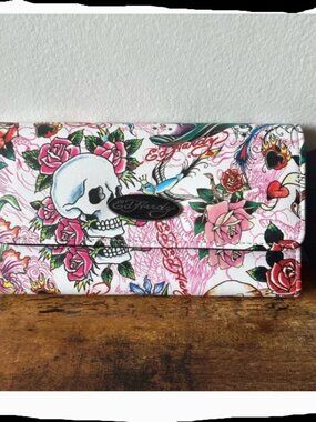 Ed Hardy Pink Tattoo-Inspired Skeleton Flowers Women’s Long Wallet Fold Out NWT